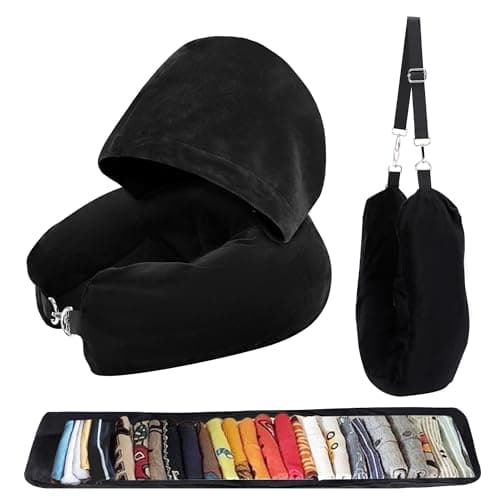 Lulttihy Stuffable Travel Neck Pillow with Hood, Soft Velvet Fabric,Black