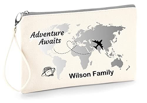TM THREADS Personalised Family Passport Holder, Travel Documents Wristlet Pouch, 100% Brushed Cotton with Grey Zip, Silver Grey World Map Design