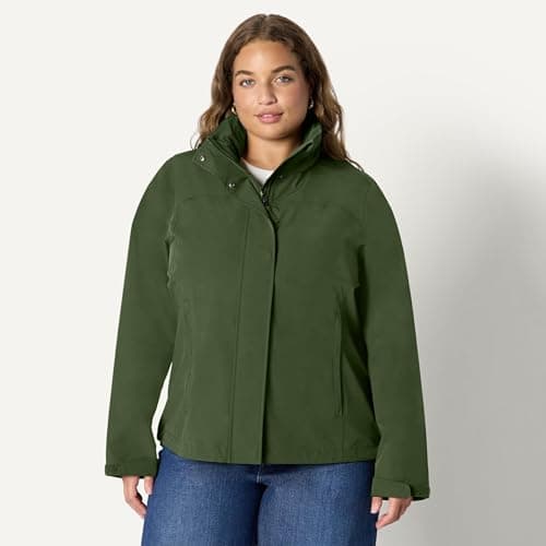 Amazon Essentials Women's Relaxed-Fit Packable Lightweight Waterproof Hooded Rain Jacket, Dark Green, L — view 6