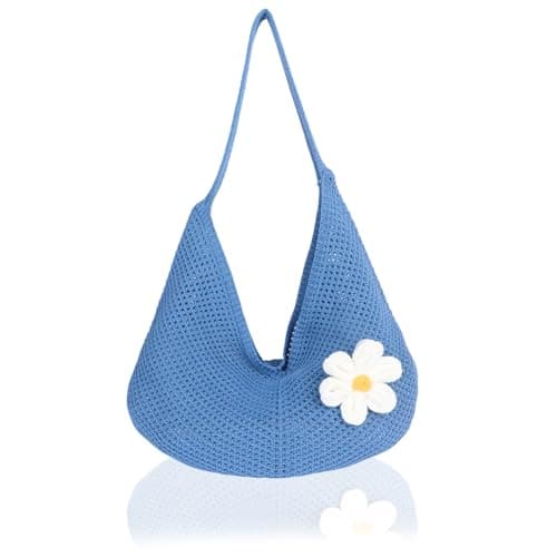 Hittriu Crochet Beach Bags for Women, Hollow Crochet Mesh Tote Bag, Coffee Hobo Beach Shoulder Bag Handbag for Seaside Holiday Travel Daily Shopping (Blue)