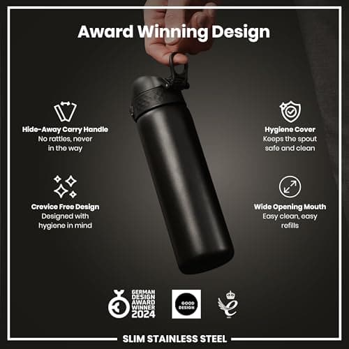Ion8 Lightweight Steel Water Bottle, 600 ml/20 oz, Non-Insulated, Leak Proof, Easy to Open, Secure Lock, Dishwasher Safe, Flip Cover, Fits Cup Holders, Carry Handle, Metal Water Bottle, Black — view 6