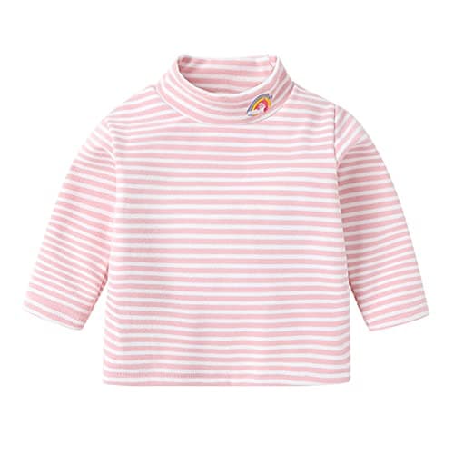 Toddler Baby Girls Boys Striped Long Sleeve Mock Turtleneck Cotton T-Shirt Fall Winter Thermal Underwear for Kids Cute Basic Cotton Pullover Clothes (Pink, 6-12 Months)