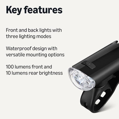 Amazon Basics LED Bike Light Set with 100 Lumen Headlight and 10 Lumen Taillight - 3 Mode Waterproof Bicycle Lights with Mounts - Batteries Included - Black and Red — view 2