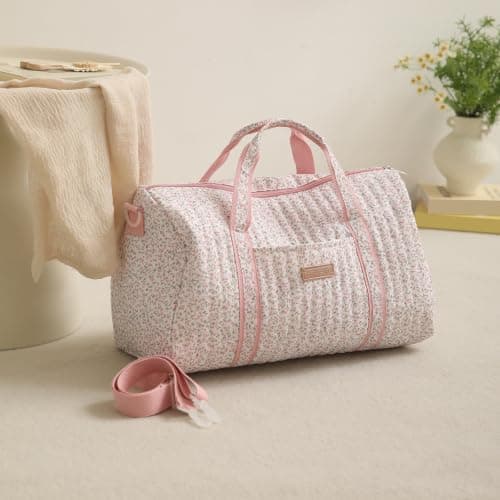 GSenhui Quilted Duffle Bag for Women Cute Baby Hospital Bag Floral Duffel Bags (White Pink Ditsy Floral) — view 3