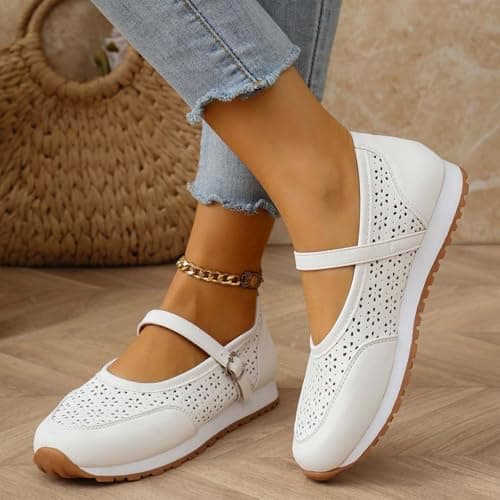 Women's Vintage Perforated Mary Jane Sneakers Chic Buckle Loafers Breathable Walking Shoes for Travel and Weekend Trips White — view 5