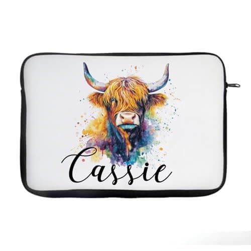 Personalised Colorful Highland Cow custom name gift for kids,Laptop Sleeve, Organiser, Laptop Case Office use. (13")