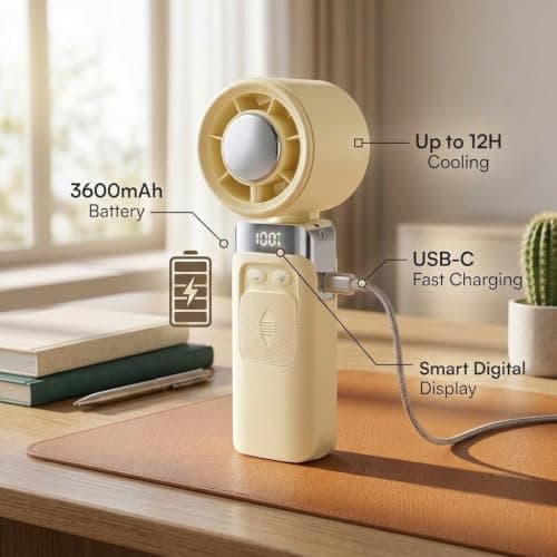 HomlyPro Rechargeable Handheld Fan, Yellow, USB Hand Held Fans with 100 Speed Levels and Stepless Regulation, 3600mAh Portable Hand Fan for Men & Women, Mini Travel Essentials for Outdoors & Holidays — view 5