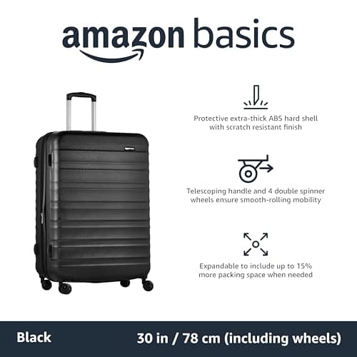 Amazon Basics Hard Shell Large Suitcase - Expandable ABS Travel Luggage with 4 Double Spinner Wheels - Scratch Resistant and Lightweight Construction - 78 x 52.6 x 32cm - Black — view 2