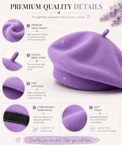 ITRAT Women's Beret Hat – Classic French Style Beret for Women, Soft Warm Wool Blend Ladies Fashion Hat, Elegant Parisian Winter Autumn Cap for Casual, Travel & Everyday Wear (Purple) — view 5