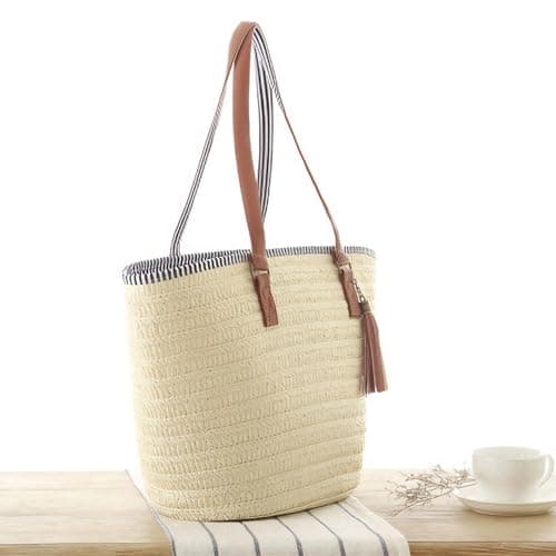 Pahajim Large Tote Bag with Zip Beach Bags for Women Straw Handbag Hand Woven Shoulder Bag for Travel, Holidays and Shopping — view 3