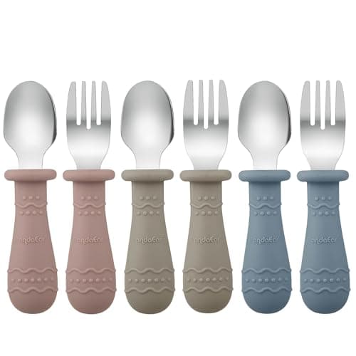 PandaEar 6 Pack Toddler Cutlery Set| Baby Fork and Spoon Set| Stainless Steel Childrens Kids Cutlery| Baby Cutlery Self Feeding 12 Months Plus with Silicone Holding Anti-Choke Design (Blue/Brown/Red)