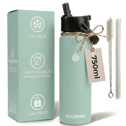 Insulated Metal Water Bottle with Straw 750ml- Stainless Steel Water Bottle, BPA Free, Dual Lid Straw & Spout, Leakproof, 24 Hours Cold & Hot, Work, Travel, Gym Bottle for Men & Women -Green- Daydrate