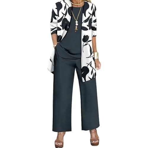 Leisure Wear Sets for Women Uk 3 Piece Outfits Long Sleeve Jacket Vest Top Wide Leg Trousers Co Ord Sets Casual Slim Tracksuit Set Floral Comfy Loungewear Elegant Travel Outfits