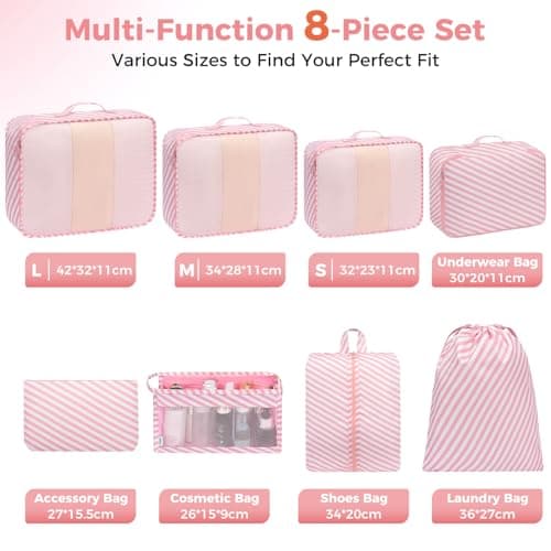 BAGAIL 8-Piece Packing Cubes Set, Travel Organizers with Breathable Mesh & Shoe Bag, Lightweight Nylon Packing Organisers for Luggage Suitcase, 9 Colors - Pink Stripe — view 3