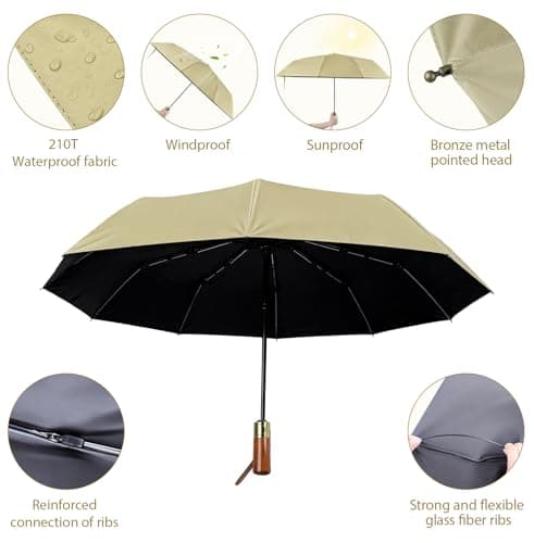 Pdyay 10 Ribs Folding Umbrellas Portable Windproof Waterproof Compact Umbrella with Auto Open and Close for Travel Outdoor Golfing Camping (Khaki) — view 4