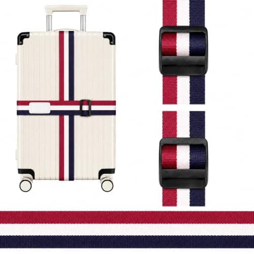 Jenck One‑Piece Cross Luggage Strap, 4.2M Adjustable Heavy Duty Suitcase Belt, Thickened Luggage Packing Belt with Quick Release Buckle for 20‑34 Inch Suitcase, Red‑White‑Blue
