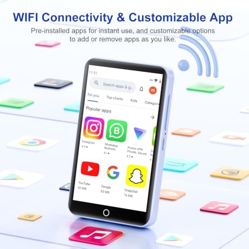 80GB MP3 Player with Bluetooth and WiFi, Portable Music Players with Camera, Android MP3 Player with Spotify Amazon Music Deezer Audible, 4.02 Inch Touch Screen HiFi Music Player for Kids with Speaker — view 2