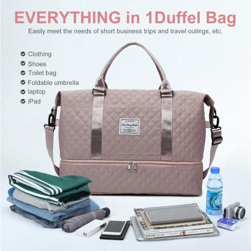 Travel Bag for Women with Shoe Compartment - Weekend Overnight Carry-on Duffel & Toiletry Bag - Water-Resistant Holdall Dry & Wet Separated for Gym, Sports, Vacation, Hospital Tote (Pink) — view 4