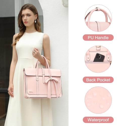 MOSISO Laptop Bag for Women,16 inch PU Leather Computer Bag, Pink — view 6