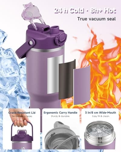 KANGZY Metal Water Bottle with Straw 1L/32oz – Vacuum Insulated Stainless Steel Flask, 2-in-1 Straw & Spout Lid, BPA-Free Leak-Proof Tumbler, Keeps Drinks Hot 8H+ / Cold 24H for Work, Travel Purple — view 4