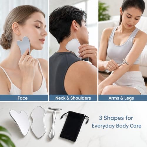 Gua Sha Tool Face Set Stainless Steel 3 Pack with Storage Bag Silver — view 6