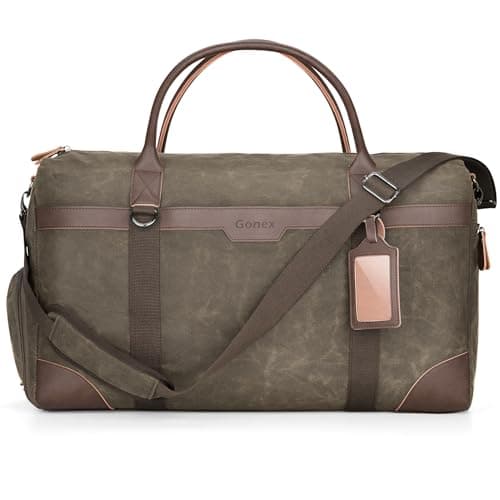 Gonex Waxed Canvas Duffle Bag for Travel, Water-resistant Vintage 55L Duffel Weekender with Shoes Compartment & Luggage Tag, Heavy-duty Overnight Bag with Suitcase Handle Sleeve for Men, Army Green