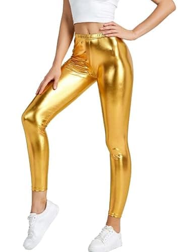 Prime fashions Girls Ladies Shiny Metallic Pants Leggings for Sports, Party Look (Gold, S-M) — view 2