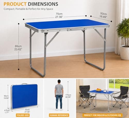 Unibos Camping Table Portable Picnic Table Aluminium Folding Table Indoor Outdoor Table Heavy Duty Garden Trestle Set for BBQ Picnic Party, Load Capacity 15KG (Blue) — view 3