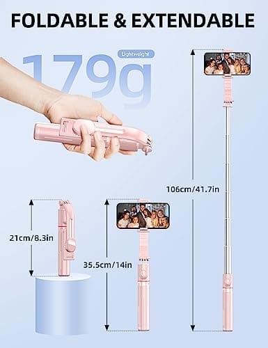 41'' Phone for Tripod, Selfie Stick Tripod Stand with Wireless Remote Extendable Aluminum Cell Phone Tripod Stand 360°Rotate Lightweight & Portable Tripod Compatible with iphone/Android (Pink) — view 6