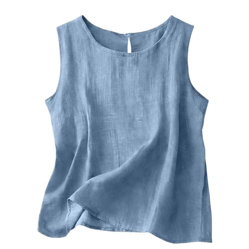Blue Womens Linen Loungewear Set Sleeveless Top and Wide Leg Elastic Waist Trousers 2 Piece Lounge Wear Sets with Pockets Loose Fit Ladies Travel Tracksuit Fashionable Smart Casual Clothing Size 12 — view 5