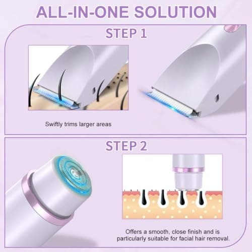 Bikini Trimmer Women 2-in-1 Electric Lady Shaver, Facial Hair Remover for Women, Dual Head Razor for Pubic Hair, Eyebrow & Upper Lip, Cordless Rechargeable Wet & Dry Waterproof (Purple) — view 3