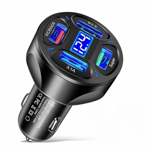 EaseSunny 4 USB Car Charger, Fast Charging Adapter, LED Display Voltage Monitor, QC 3.0 Multi Port, 66W High Power, for iPhone Samsung Android Tablets, 12-24V Vehicle Accessory