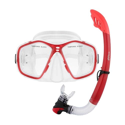 Two Bare Feet Adult PVC Snorkel & Mask Set – Anti-Fog Tempered Glass Diving Mask with Adjustable Snorkel for Snorkelling, Swimming & Scuba Diving (Red)