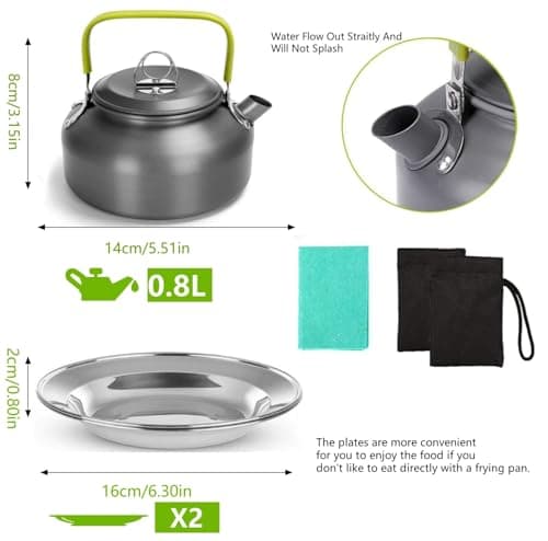 15pcs Camping Cookware Mess Kit,Non-Stick Pot and Pan Set with Kettle Stainless Steel Cups Plates Forks Knives Spoons Lightweight, Fork Spoon Kits for Backpacking, Outdoor Camping Hiking and Picnic — view 3