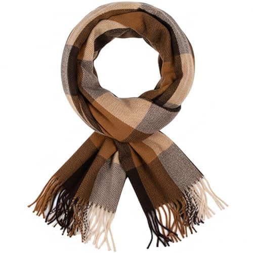 Women's Brown Check Scarf, Rectangular Fringed Wrap, Neutral Tones