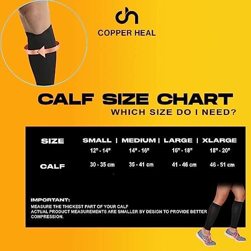 COPPER HEAL Calf Copper Compression Sleeves (Pair) Sport Muscle Strains Shin Splints Leg Socks Guard Running Marathon Soccer Rugby Tennis Golf Maternity Flight Gym Work — view 2