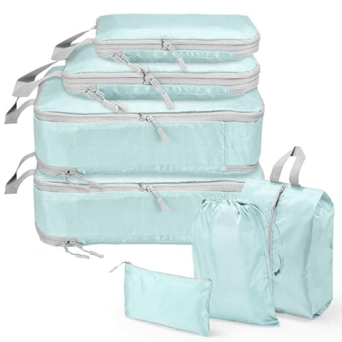 Compression Packing Cubes, Travel Storage Bag Set - Organizer Bags for Suitcase & Carry On Luggage (Blue, 7 Pieces)