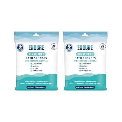 Endure Rinse Free Bath Shower Sponge - Body Wash Wipes for Bathing - Perfect for Camping, Festivals, Gym & Travel - Dry Wipes with Gentle Cleansing Soap. Just add Water. Twin Pack (25 Per Pack)