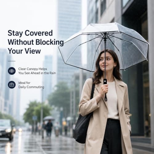 PAXQNVTR Compact Clear Umbrella, Auto Open Close Folding, Transparent, 8 Rib Tri Fold, Travel Rain Umbrella for Women and Men, White Trim (Black) — view 4