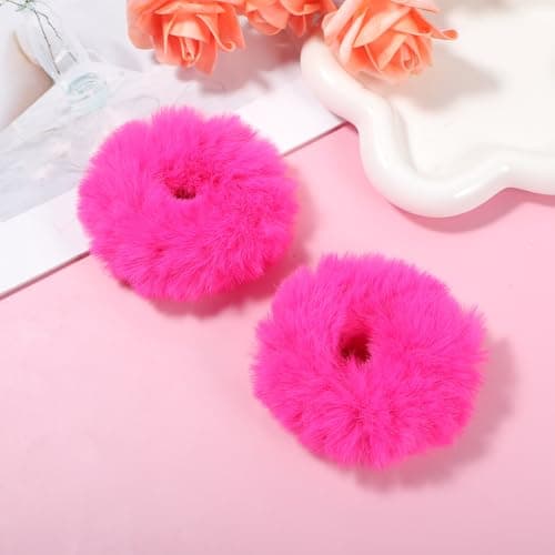 PEOVLVN 2 Pcs Hot Pink Scrunchies, Pom Pom Hair Ties Fuzzy Scrunchies — view 6