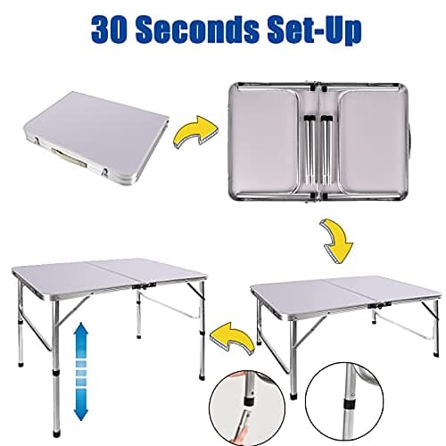 Picnic Folding Tables, 3ft Heavy Duty Aluminium Foldable Portable Adjustable Height Lightweight for Camping with Carry Handle for Indoor Kitchen, Dinner, Catering, Buffet and Garden (90x60x37/67cm) — view 4