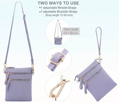 Solene Small Crossbody Bag for Women, Multi Zip Pockets with Detachable Wristlet, Lightweight Travel Purse, Cell Phone Pouch, Lavender, M, Crossbody Wristlet Purse — view 5