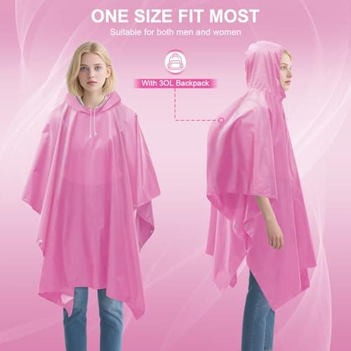Czyan 2 Pack Rain Ponchos for Adults Reusable,Thickened Portable EVA Waterproof Raincoats Survival Emergency Lightweight Duty Rain Coat with Drawstring Hood for Hiking Camping Fishing & Travel - Pink — view 5
