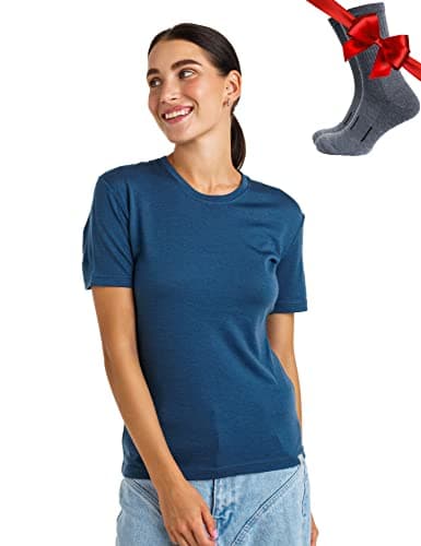 100% Merino Wool T Shirt Women - Merino Wool Base Layer Womens + Socks (Medium, Denim Blue)