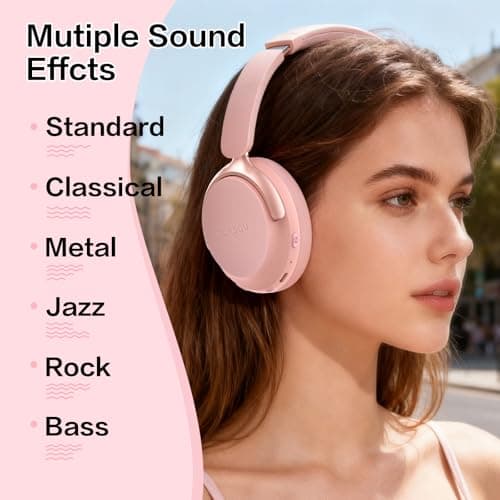 RORSOU B8 Bluetooth Headphones Over Ear, 6 EQ Music Modes and 50H Playtime Deep Bass Wireless Headphones with Mic, Lightweight Folding HiFi Stereo Headset for iPad/Travel/Tablet/PC/Home Pink — view 4