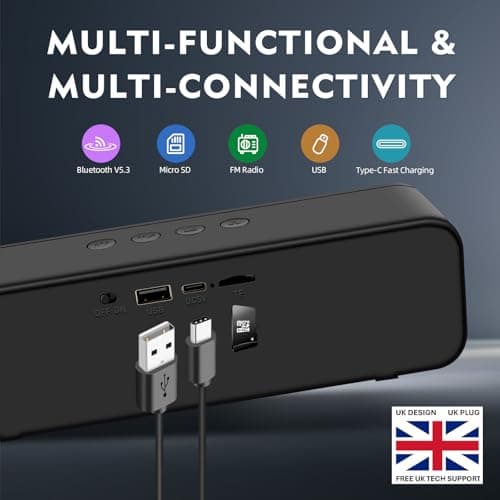 Sumvision Tekuno Portable Bluetooth Speaker True Wireless Stereo Speakers Chroma LED 24Hr 1200mAh Long Life Battery Bluetooth 5.3 USB C Fast Charge Enhance Bass Drop Protect UK Design UK Tech Support — view 5