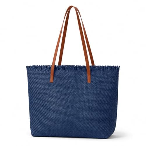 Woodland Leathers Womens Beach Bag, Large Paper Straw Beach Bag, Woven Summer Tote Shoulder Shopper Handbag with PU Leather Straps Lightweight Open Top Holiday Bag (Navy, Large)