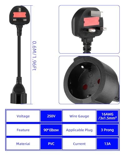 RIIEYOCA 16AWG UK Plug Adapter, 2 Pin to 3 Pin Type G Plug Power Cable-0.6M — view 3