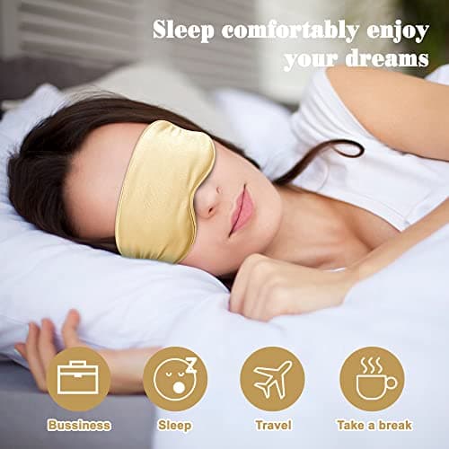 Sleep Masks Silk Sleep Eye Mask Travel Set Soft Sleeping Eye Mask with Hair Scrunchie Head Band and Travel Pouch for Girls Ladies 4 Pcs Gold — view 2