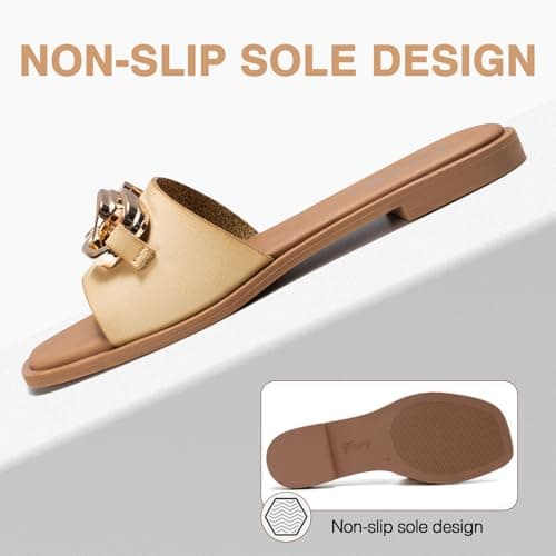 FITORY Women Flat Sandals Slip On Leather Slide Summer Light Brown Size 5 — view 3